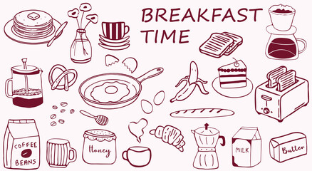 Hand drawn breakfast and coffee doodle set of vintage style icons. pancakes, eggs, toast, and cafe elements. Trendy whimsical sketch style for restaurant menus, brunch invitations, and food blogging.