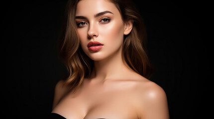 Sensual studio portrait of a confident young woman with captivating eyes, glowing skin, and alluring lips, embodying timeless beauty and refined elegance.