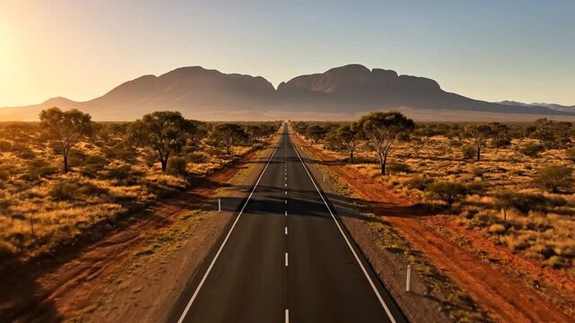Empty asphalt road stretching toward majestic outback mountains.