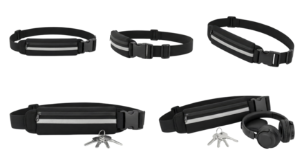 Set of modern adjustable black headlamps and accessories with keys isolated transparent background