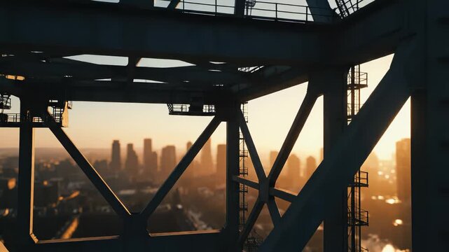 Metal bridge structure with city skyline
