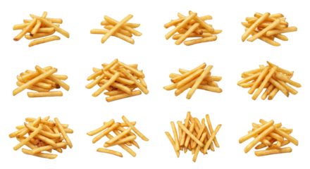 collection of crispy French fries arranged in various small piles on a transparent background