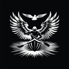 Fototapeta premium Adventure kayaking logo design.Vector illustration on black background. Adventure kayaking logo design.kayak on the lake, mountains silhouette in the circle, vector illustration 