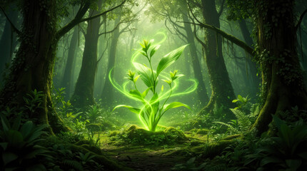 Fototapeta premium A Mystical Green Forest Illuminated in Cinematic Light, Evoking Nature Magic, Growth, Serenity and Sustainable Hope
