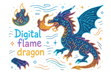 Digital Flame Dragon. Digital flame dragon. Hand-drawn doodle illustration of Digital flame dragon. Hologram