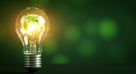 Light bulb with glowing globe symbolizing sustainable energy and green ideas