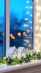 white paper houses on the windowsill, greenery and garland with lights in front of them
