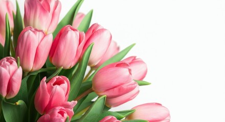 Obraz premium Pink tulips bouquet with soft green leaves arranged on a white background