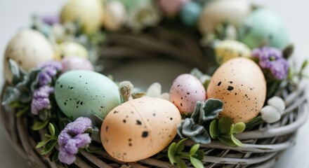 Easter wreath with pastel speckled eggs and soft floral accents on wicker