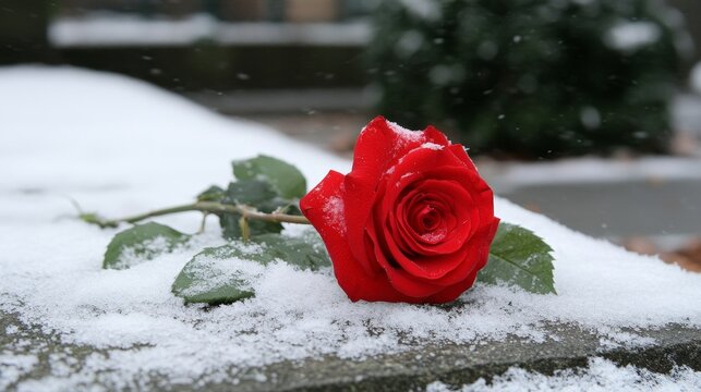 Red Rose Surrounded by Snow in a Quiet Cemetery, Symbolizing Love and Remembrance in Winter s Chill
