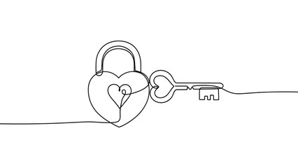 Key unlocking heart-shaped padlock in one line style for romance, trust, and Valentine’s Day themes