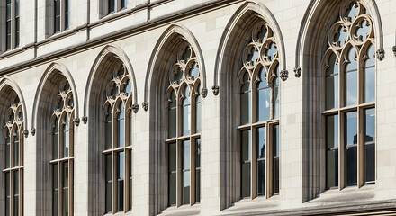 Naklejka premium Gothic Architecture Windows On Stone Building Facade With Arched windows pointed arches