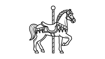 A detailed black and white line drawing of a carousel horse with a saddle and bridle. © Joko santoso