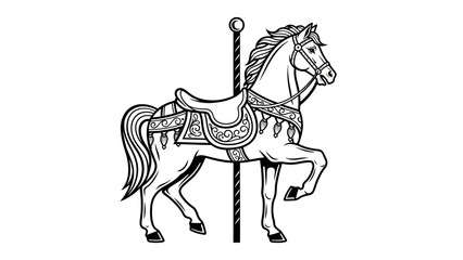 A detailed black and white illustration of a carousel horse with a saddle and bridle, standing on a pole.