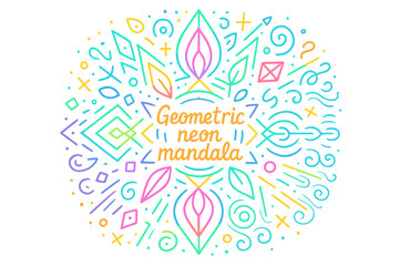 Obraz premium Neon Geometric Mandala. Geometric neon mandala. Hand-drawn doodle illustration of Geometric neon mandala.