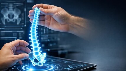 medical imaging deep learning concept. Digital spine model being examined by hands in a medical setting.