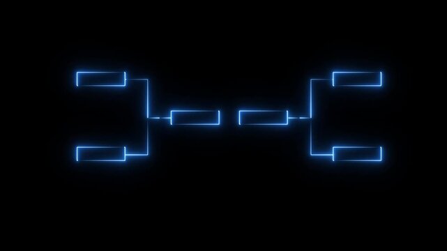 Glowing neon or outline championship single elimination tournament bracket or tree diagram isolated on neon . Fields for 8 players or teams, 4 from each side. It is suitable for all kinds of sports.
