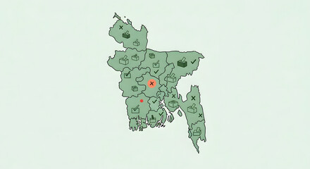 Map of Bangladesh depicting election results with checked and crossed ballot boxes and city markers