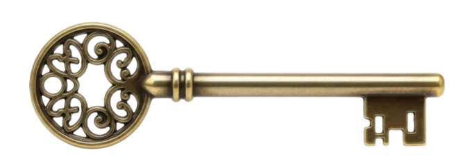 An antique brass key with an ornate circular head and a long, slender stem, isolated on white.