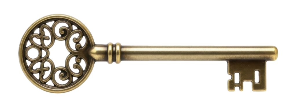 An antique brass key with an ornate circular head and a long, slender stem, isolated on white. - Powered by Adobe