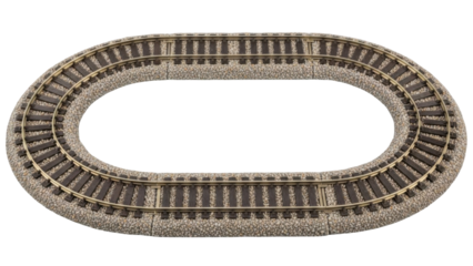 Overhead view of a model train track oval, showcasing detailed rail construction.