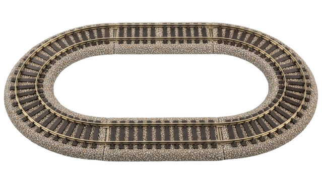 Overhead view of a model train track oval, showcasing detailed rail construction.