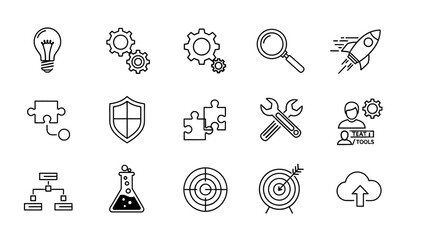 Collection of minimal business icons depicting strategy tools and development symbols