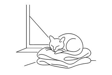 Sunlit Cat Silhouette. "Cat resting in warm winter sunlight". Minimalistic one-line drawing [of a cat curled
