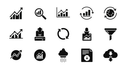 Collection of black and white business analytics icons illustrating data analysis and trends