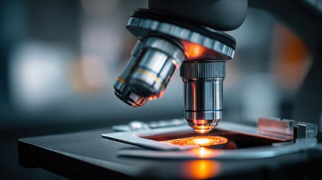 Scientific research microscope examining sample - Powered by Adobe