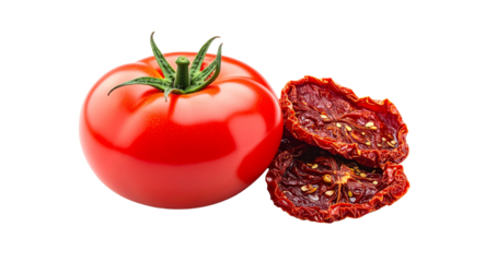 Fresh Tomato and Sun-Dried Tomato Comparison Image on PNG White Background