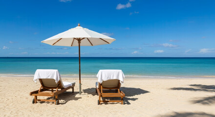 Fototapeta premium Two Empty Loungers and White Umbrella on a Pristine Tropical Bea