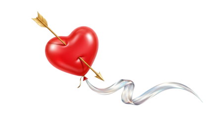 Red heart pierced by arrow with ribbon isolated on transparent background