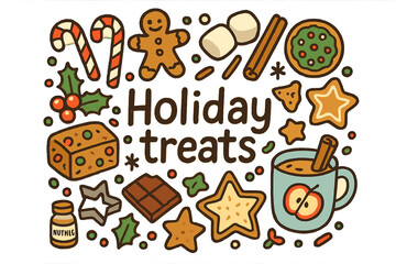 Fototapeta premium Festive Holiday Treats. Holiday treats. Hand-drawn doodle illustration of Holiday treats. Candy canes,