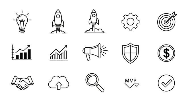 Business and Startup Icon Set: Launching Ideas and Achieving Goals for Success
