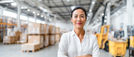 Confident Asian female logistics manager in her mid 30s standing with crossed arms in large warehouse. Professional woman in white blouse looking at camera, supply chain business portrait