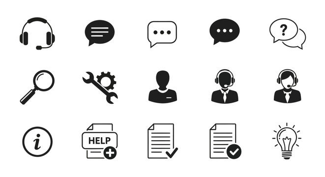 Essential customer service and technical support icon set for assistance and information resources