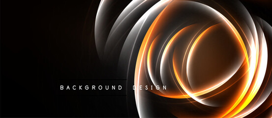 Abstract design features swirling orange light, gray shapes. Dark background creates dramatic visual impact. Modern aesthetic. © antishock