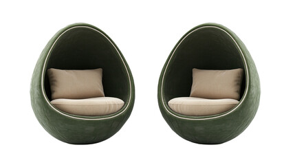 Fototapeta premium Isolated pair of modern olive green egg chairs against a stark black background