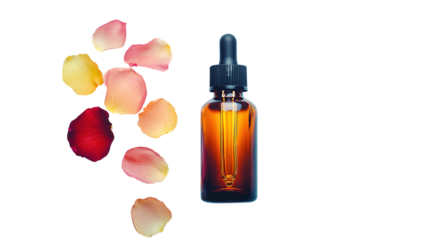 Elegant amber bottle with dropper surrounded by delicate rose petals on black backdrop