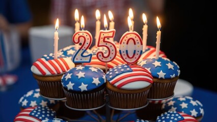 Festive cupcakes with 250 candles for USA semiquincentennial birthday party. Patriotic American flag desserts for Independence Day. Celebration sweets for 2026 national milestone event.