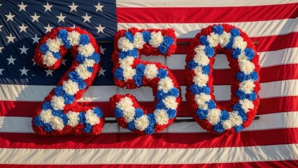 Fototapeta premium Number 250 made of red white and blue flowers on american flag background. Patriotic floral display for usa 250th anniversary semiquinquecentennial independence day celebration.