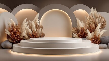 Elegant display featuring a beige circular backdrop, cylindrical stage, and lush botanical accents.