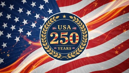 USA 250 years anniversary badge with laurel wreath and glowing abstract flag background. Patriotic American Semiquincentennial celebration design for independence day holiday event.