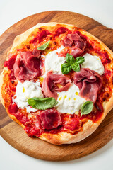Pizza with Prosciutto Crudo, Stracciatella Cheese and Basil