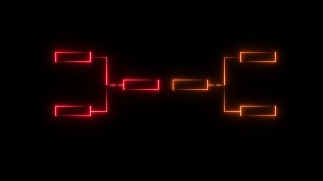 Glowing neon or outline championship single elimination tournament bracket or tree diagram isolated on neon . Fields for 8 players or teams, 4 from each side. It is suitable for all kinds of sports.