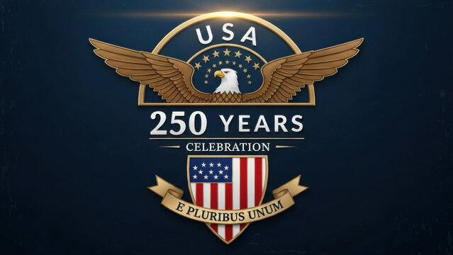 Luxury gold USA 250 years anniversary logo on dark blue background. Metal eagle wings and shield emblem for American Semiquincentennial 2026 celebration and official government use.