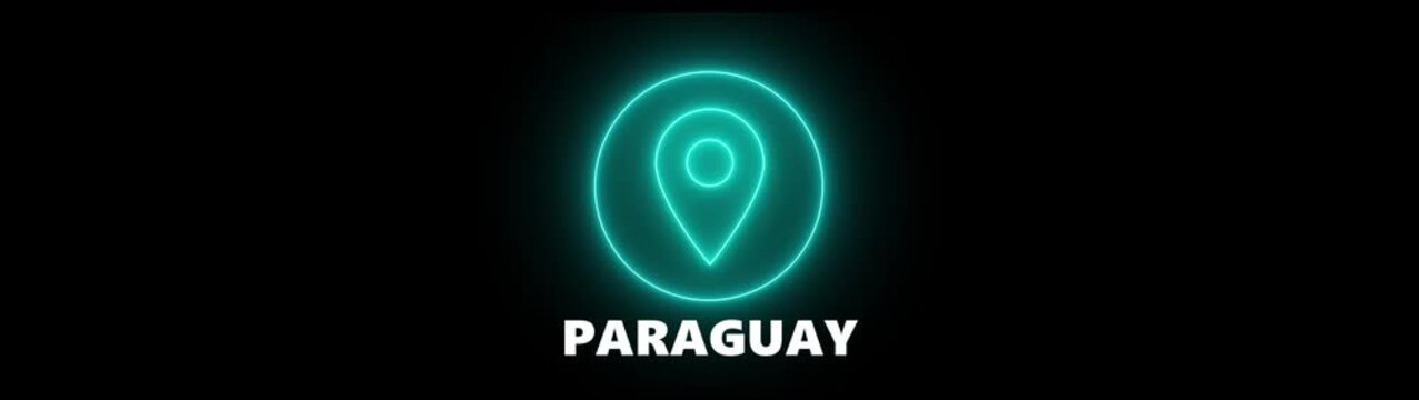Neon location pin icon with the word PARAGUAY in glowing text on a black background Paraguay map marker