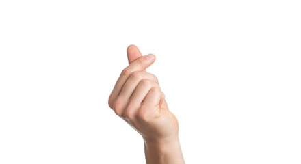 Obraz premium Male hand forming a popular finger heart gesture, symbolizing love and affection, against white