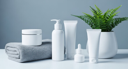 Elegant Spa Product Display Featuring White Containers and a Rolled Towel Against a Soft Gray Background Showcasing Beauty and Wellness Essentials